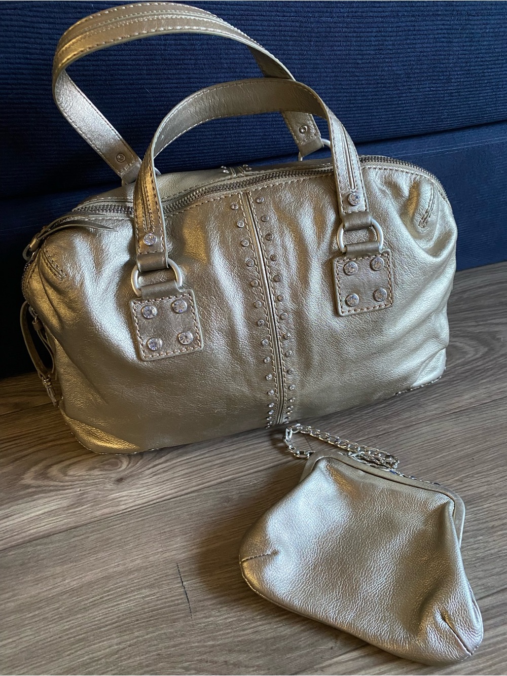 Michael Kors Metallic Gold Studded Satchel Bag w/ Matching Coin Purse Y2K Glam